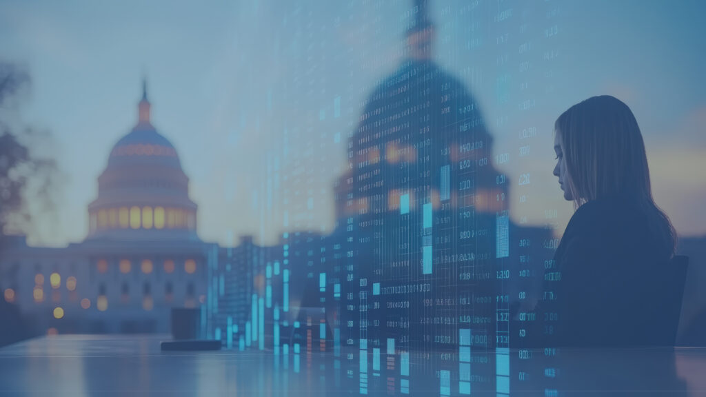 Data overlaying government buildings in the background.