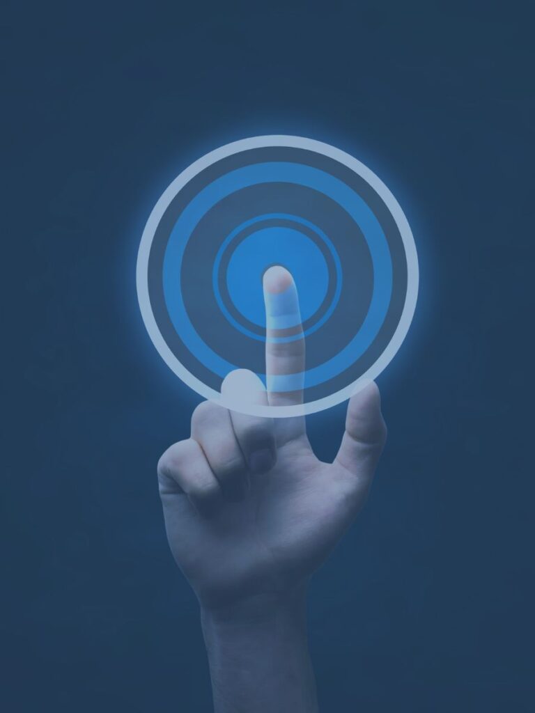 Finger pointing to target in blue.