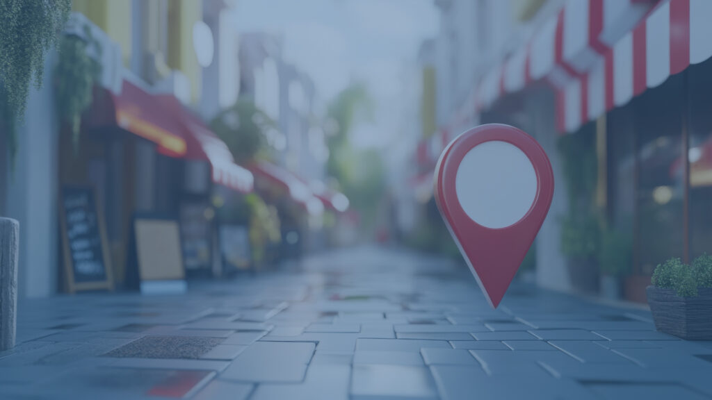 Blurred view of street with shops and a red arrow in the road.