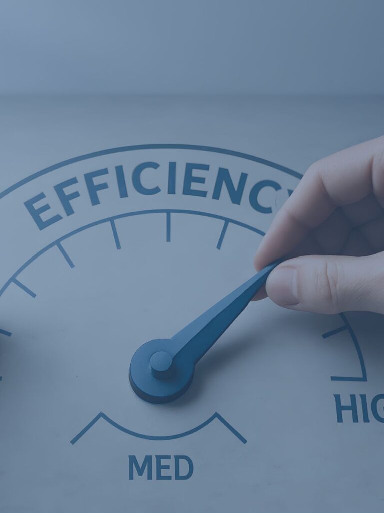 Hands adjusting a dial labeled “Efficiency” from medium to high, symbolizing optimized media performance and campaign impressions.