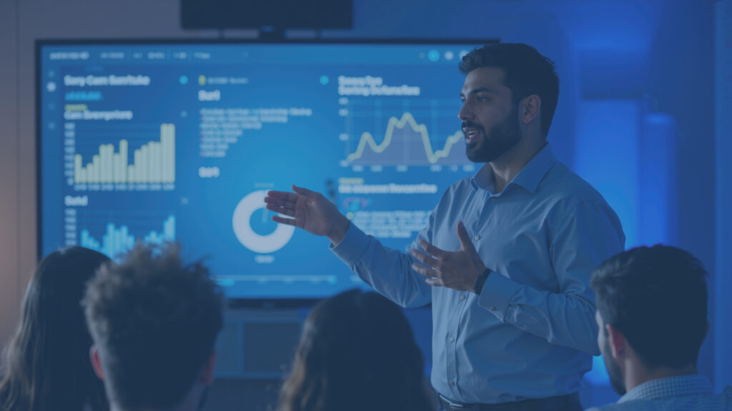 Person standing in front of screen with graphs and charts talking to a group of people.