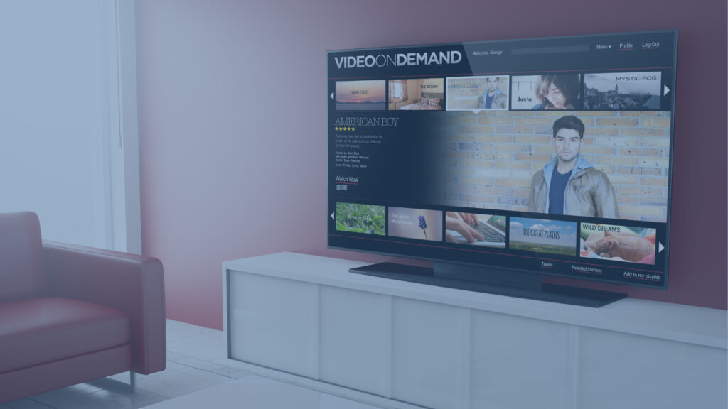 TV on stand with streaming video options on display.