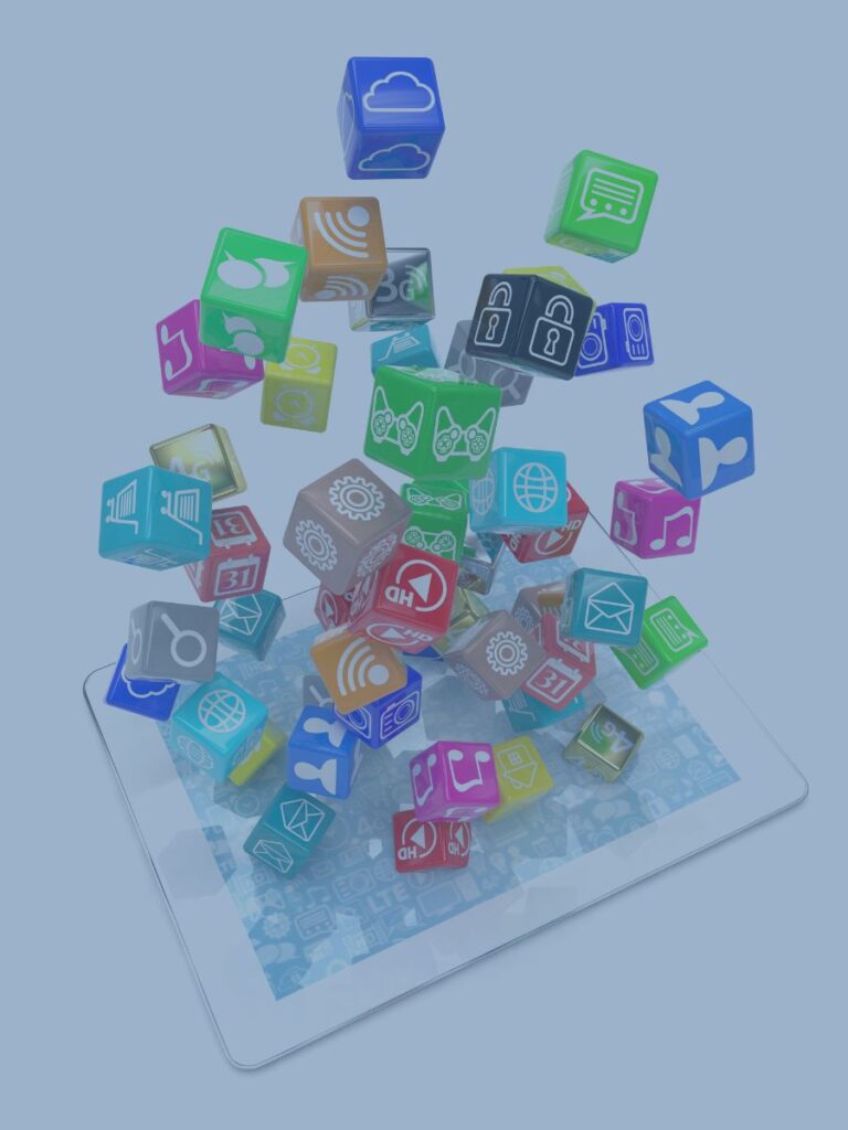 Media icons floating above a tablet.